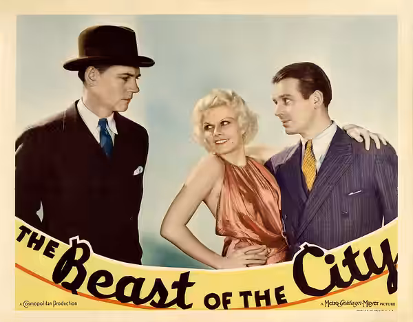 Lobby card for the 1932 film The Beast of the City, featuring Walter Huston, Jean Harlow and Wallace Ford