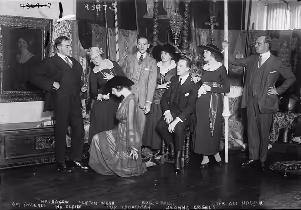 Photo of Guy Favières, Mrs. Haggin, Ina Claire, Clifton Webb, Ivy Troutman, Eug O'Brian, Jeanne Eagels, and James Ben Ali Haggin III. (1917)