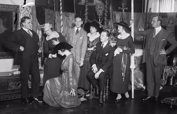 Photo of Guy Favières, Mrs. Haggin, Ina Claire, Clifton Webb, Ivy Troutman, Eug O'Brian, Jeanne Eagels, and James Ben Ali Haggin III. (1917)
