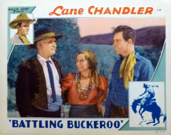 Lobby card for the American western film Battling Buckaroo (1932) with Lafe McKee, Doris Hill, and Lane Chandler.