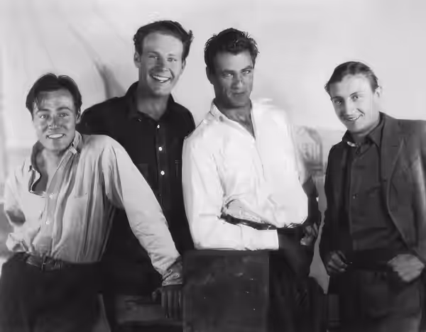 Left to right: Leslie Fenton, Lane Chandler, Gary Cooper, and Rowland V. Lee (director) on the set of the American romantic drama film The First Kiss - publicit (1928)