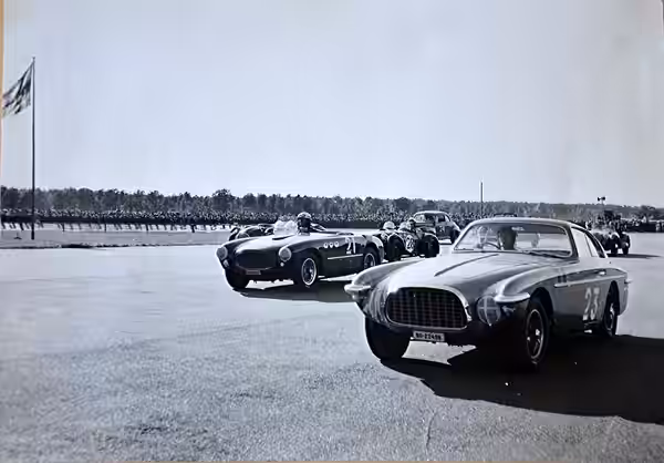 Two Ferraris at Skarpnäck on 12 September 1953. On the right (#23): Valdemar Stener (Sweden) in his 1952 Ferrari 340 Vignale s/n 0238A. On the left (#21): Rober