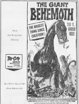 Tri-City Drive-In theater advertisement for the science fiction giant monster film The Giant Behemoth (1959). From the 14 March 1959 San Bernardino Sun.