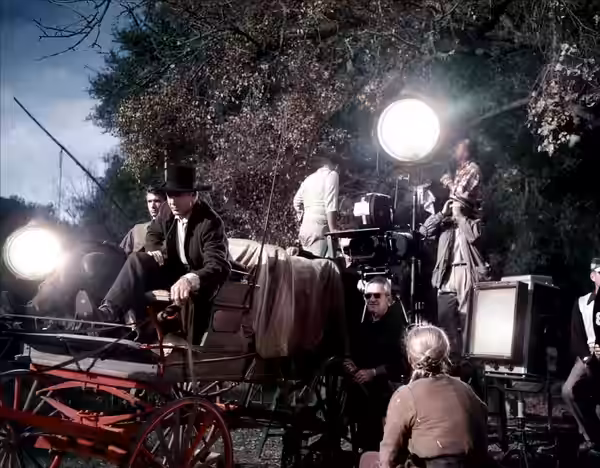 Anthony Perkins (left) and Gary Cooper (right) filming Friendly Persuasion (1956)