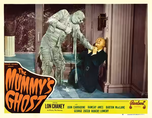 Colored lobby card for the 1944 film The Mummy's Ghost, featuring Lon Chaney Jr. This image is assumed to be in the public domain, as no copyright notice is in 