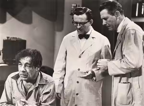 L. to R. : Lon Chaney, Jr., Joe Flynn &amp; Robert Shayne in Indestructible Man - publicity still (original image damaged, modified : see source) (1956)