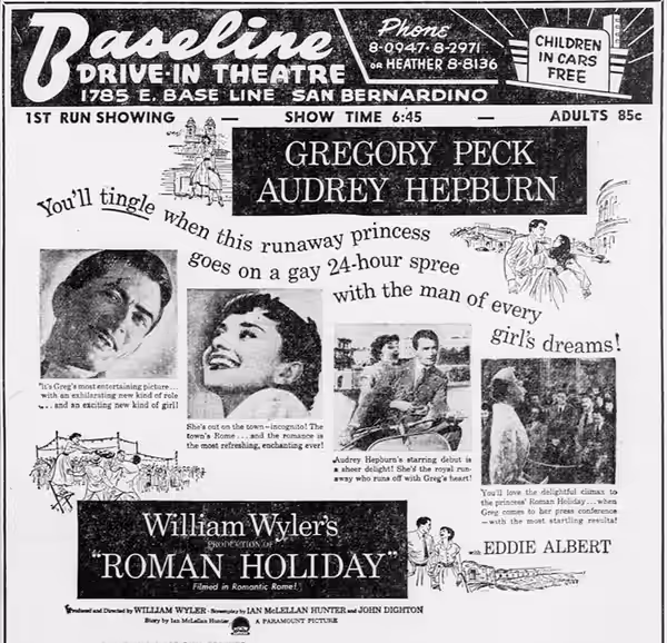 Baseline Drive-In theater advertisement for the American romantic comedy film Roman Holiday (1953). From the 30 September 1953 San Bernardino Sun.