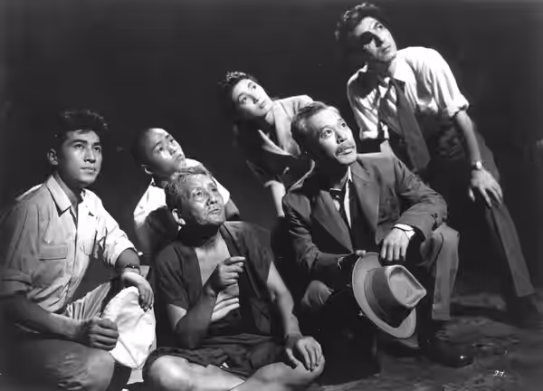 The main characters of Godzilla (1954). From left to right: Hideto Ogata (Akira Takarada), Shinkichi (Toyoaki Suzuki), the Odo Island elder (Kokuten Kōdō), Emik