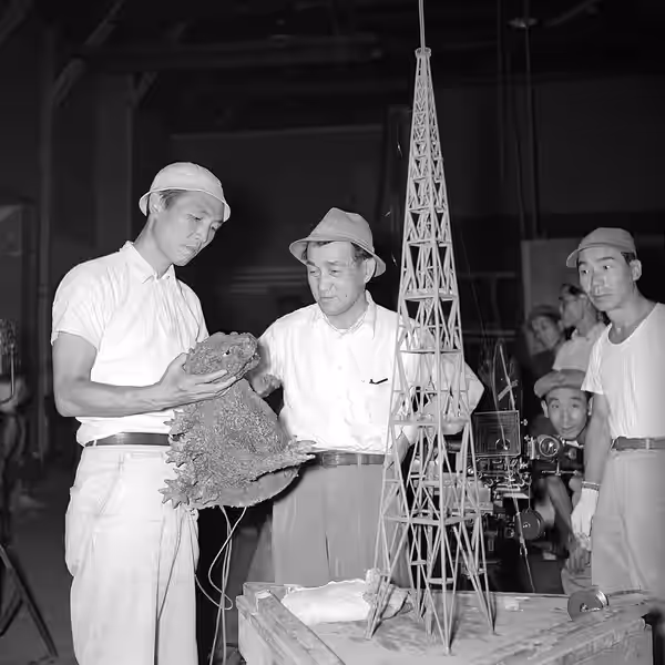 Filmmaker Ishirō Honda and special effects director Eiji Tsuburaya on the set of Godzilla (1954)
