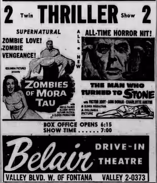Belair Drive-In theater advertisement for the double feature, sci-fi/horror films Zombies of Mora Tau (1957) and The Man Who Turned to Stone (1957). From the 10