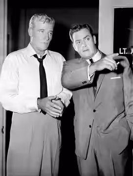 Photograph of William Hopper and Raymond Burr in the CBS-TV series Perry Mason (1959)