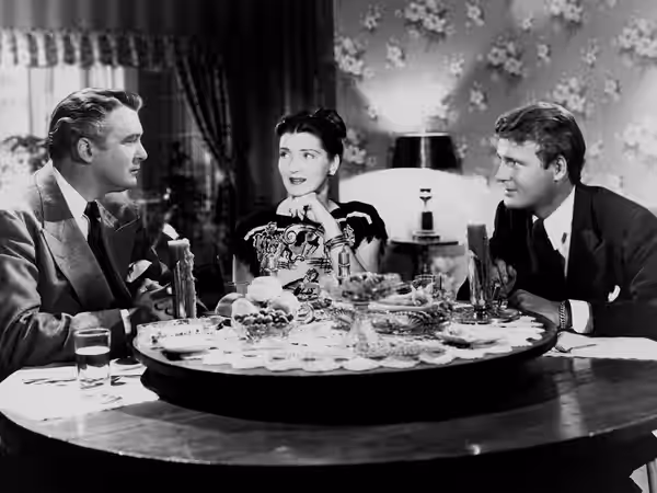 L. to R.: Albert Dekker, Catherine Craig &amp; Charles Drake in The Pretender - publicity still (cropped) (1947)
