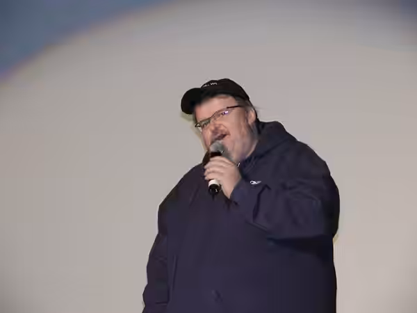 Michael Moore speaking at the Traverse City film festival on July 28, 2005