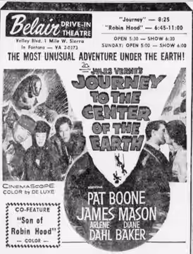 Belair Drive-In theater advertisement for the science fiction adventure film Journey to the Center of the Earth (1959). From the 8 January 1960 San Bernardino S