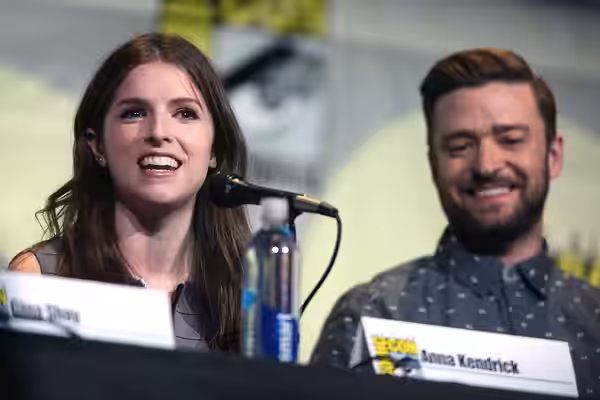 Anna Kendrick and Justin Timberlake speaking at the 2016 San Diego Comic Con International, for "Trolls", at the San Diego Convention Center in San Diego, Calif