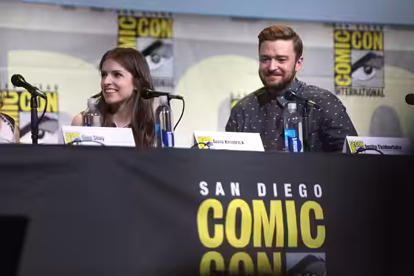 Anna Kendrick and Justin Timberlake speaking at the 2016 San Diego Comic Con International, for "Trolls", at the San Diego Convention Center in San Diego, Calif