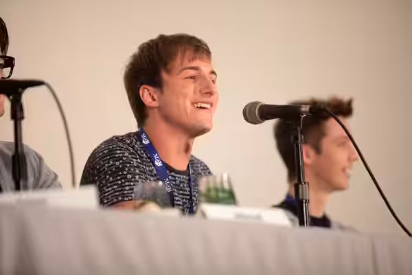 Lucas Cruikshank and Troye Sivan speaking at the 2014 VidCon at the Anaheim Convention Center in Anaheim, California. Please attribute to Gage Skidmore if used 