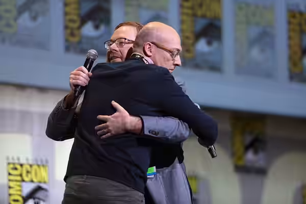 Mike Mitchell and Walt Dohrn speaking at the 2016 San Diego Comic Con International, for "Trolls", at the San Diego Convention Center in San Diego, California. 