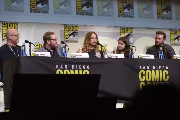 Mike Mitchell, Walt Dohrn, Gina Shay, Anna Kendrick and Justin Timberlake speaking at the 2016 San Diego Comic Con International, for "Trolls", at the San Diego