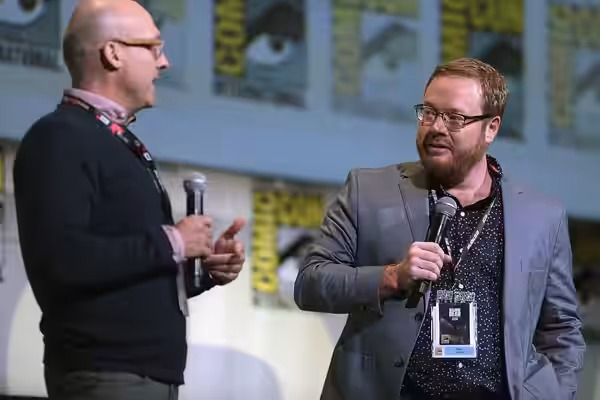Mike Mitchell and Walt Dohrn speaking at the 2016 San Diego Comic Con International, for "Trolls", at the San Diego Convention Center in San Diego, California. 