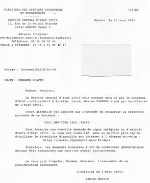 Lettre d'accompagnement de l'acte de naissance d'Arielle Sonnery (2010)