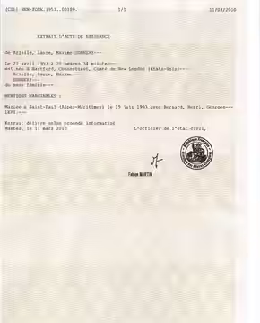 Acte de naissance d'Arielle Sonnery, fourni par l'administration française (2010)
