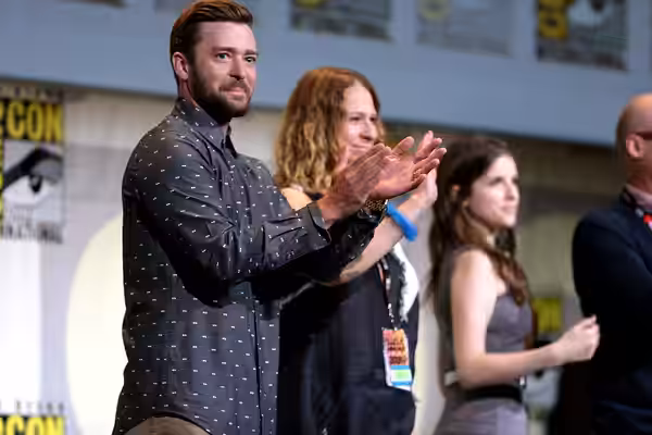 Justin Timberlake, Gina Shay and Anna Kendrick speaking at the 2016 San Diego Comic Con International, for "Trolls", at the San Diego Convention Center in San D
