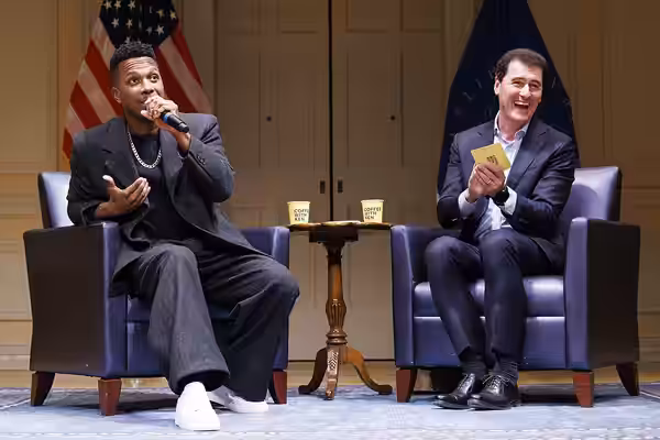 Leslie Odom Jr. speaks about his career with Ken Biberaj during a special recording of the "Coffee with Ken" podcast in the Coolidge Auditorium, November 13, 20 (2024)