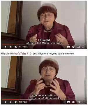 capture d'écran : Agnès Varda évoque l'artiste michel Jeannès, alias Monsieur Bouton, qui apparaît dans trois de ses films (2018)