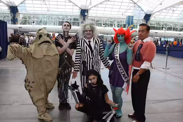 Cosplay of Tim Burton characters (from The Nightmare Before Christmas, Edward Scissorhands, Beetlejuice, and Ed Wood) at San Diego Comic Con 2014.