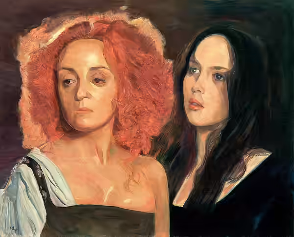 Les actrices Isabelle Adjani et Dominique Blanc dans le film La Reine Margot (1994). Huile sur toile de Hubertine Heijermans, 1996.