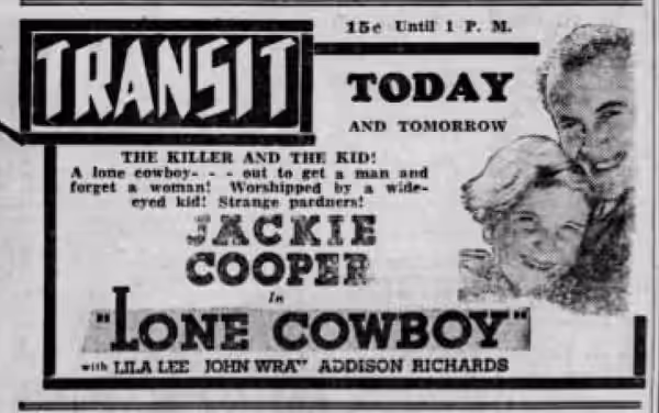 Transit Theater advertisement for the American western film Lone Cowboy (1933) - 9 Feb. 1934 Morning Call, Allentown PA (1834)