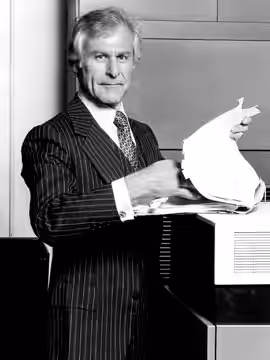 Publicity photo of Sam Wanamaker for BBC TV show, "Billion Dollar Bubble." (1977)