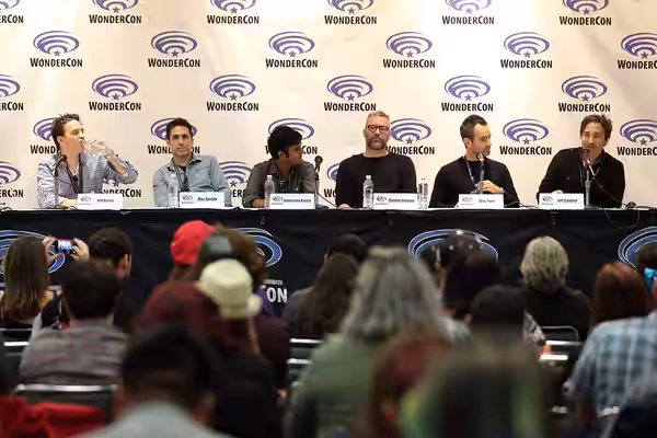 Jeff Russo, Mac Quayle, Siddhartha Khosla, Charlie Clouser, Alec Puro and Jeff Cardoni speaking at the 2017 WonderCon at the Anaheim Convention Center in Anahei