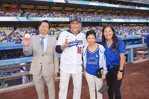 Pictured: Consul General Akira Muto, Actor Ken Watanabe, Japan House LA President Yuko Kaifu and CEO of LA County Sachi Hamai at Dodger Stadium. (2022)