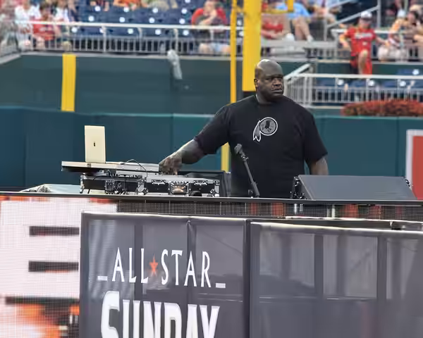 Shaquille O'Neal, as DJ Diesel, performs at the 2018 All-Star Legends &amp; Celebrity Softball Game at Nationals Park