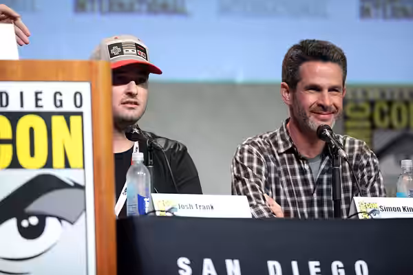 John Trank and Simon Kinberg speaking at the 2015 San Diego Comic Con International, for "Fantastic Four", at the San Diego Convention Center in San Diego, Cali