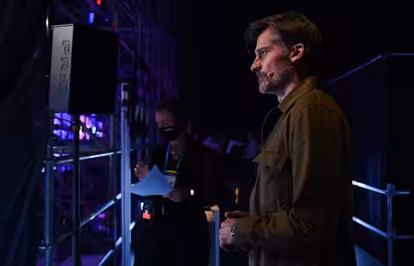 2 November 2021; Nikolaj Coster-Waldau, Actor, backstage at Centre Stage during day one of Web Summit 2021 at the Altice Arena in Lisbon, Portugal. Photo by Har