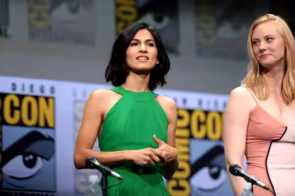 Elodie Yung and Deborah Ann Woll speaking at the 2017 San Diego Comic Con International, for "Marvel's The Defenders", at the San Diego Convention Center in San
