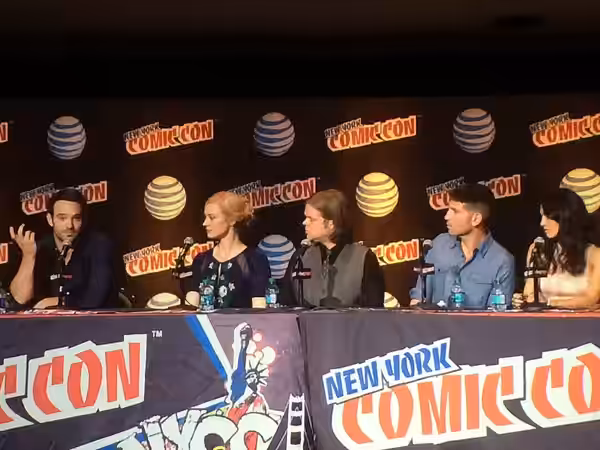 The cast and creative team of Daredevil speaking at the panel at w:New York Comic Con 2015 to promote season 2 of the series.