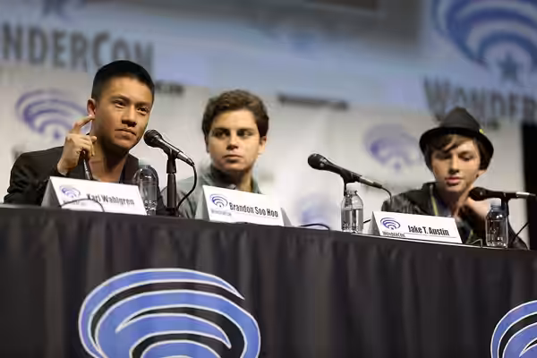 Brandon Soo Hoo, Jake T. Austin and Stuart Allan speaking at the 2017 WonderCon, for "Teen Titans: The Judas Contract", at the Anaheim Convention Center in Anah