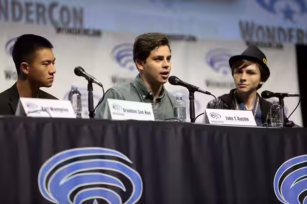 Brandon Soo Hoo, Jake T. Austin and Stuart Allan speaking at the 2017 WonderCon, for "Teen Titans: The Judas Contract", at the Anaheim Convention Center in Anah