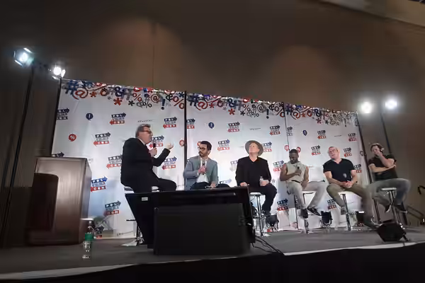 Greg Proops, Al Madrigal, Darrell Hammond, Jay Pharoah, James Adomian and Anthony Atamanuik speaking at the 2016 Politicon at the Pasadena Convention Center in 