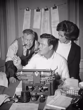 Photo of Burgess Meredith, Robert Sterling and Patricia Crowley in the Twilight Zone episode "Printer's Devil". (1963)