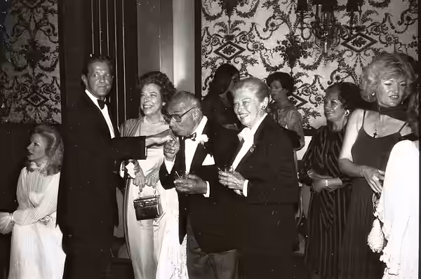 Bob Cummings, Judy Canova, Fritz Feld and wife Virginia Christine (the Folger's Coffee lady) at the National Film Society convention, May 1979. NOTE: Permission