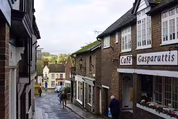 This is Market Road which leads from the High Street to Cinque Ports Street. The Cafe on the right has recently been revealed as the favourite Rye eatery of Tom (2014)