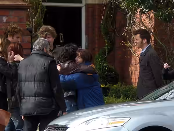 Lis Sladen, Julie Gardner, David Tennant on set of Dr Who, Penarth, Wales (2009)