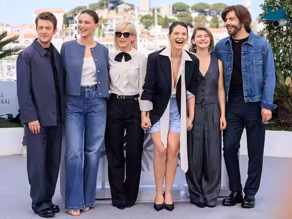 Félix Kysyl, Angelina Woreth, Mélanie Laurent, Joséphine Japy, Sarah Pachoud and Pierre-Ives Cardinal presenting the movie The Wonderers at the 2025 Cannes Film