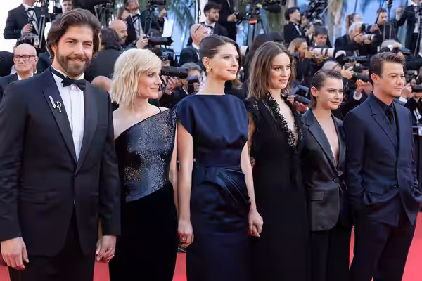 Pierre-Ives Cardinal, Mélanie Laurent, Joséphine Japy, Angelina Woreth, Sarah Pachoud and Félix Kysyl presenting the movie The Wonderers at the 2025 Cannes Film