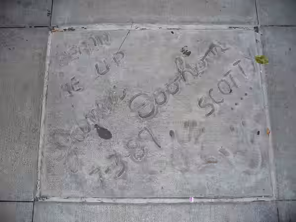 This photo depicts the handprints of James Doohan in front of Hollywood Hills Amphitheater at Walt Disney World's Disney's Hollywood Studios theme park.